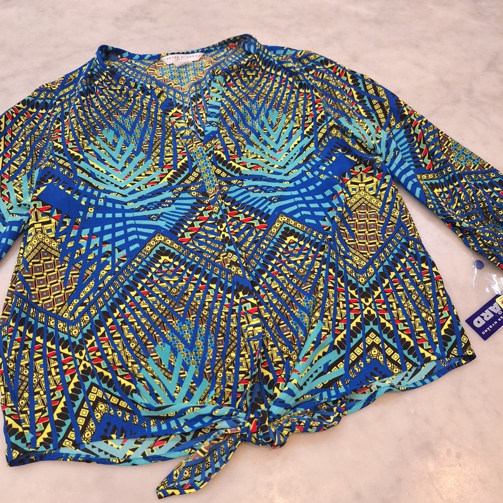 New Peter Nygard Blouse Wom Sz 8P Blue Yellow Geometric Tie Front Top Boho Flowy
